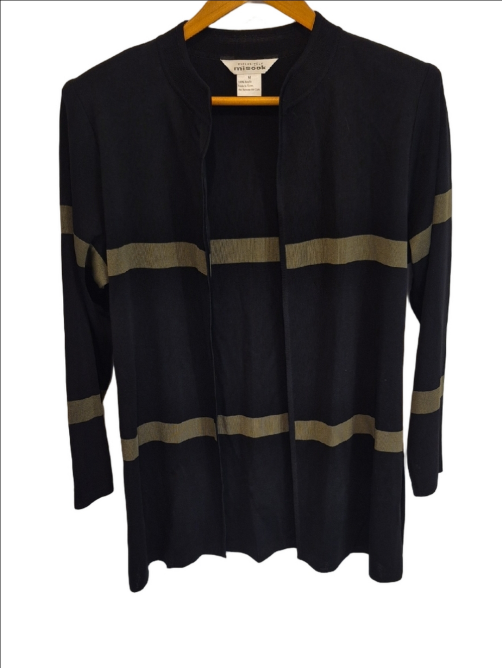 Misook Open Front Knit Black Cardigan with Olive Stripes